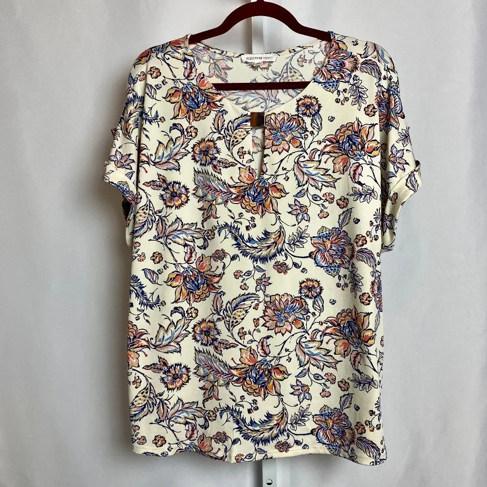 Perception Concept Womenʻs Cream Floral Print Short Sleeve Blouse XL